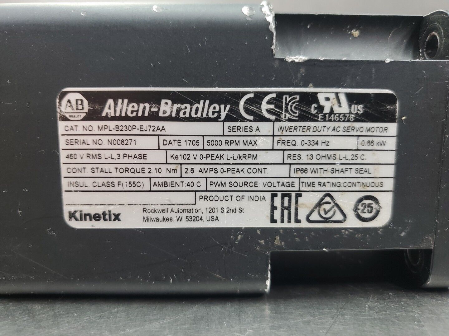 Allen-Bradley MPL-B230P-EJ72AA Kinetix Inverter Duty AC Servo Motor, 5000RPM. 1C