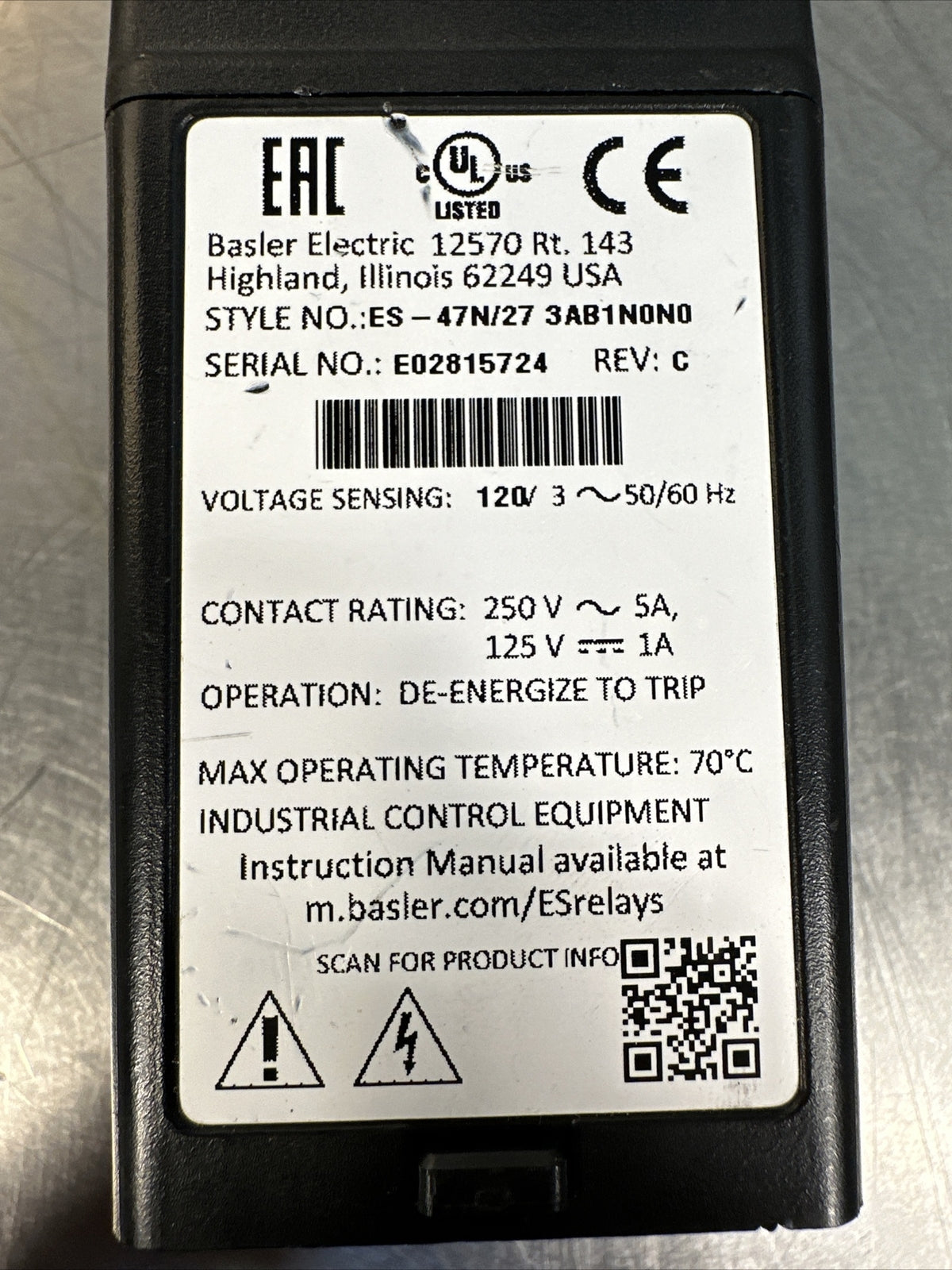 Basler Electric ES-47N/27 3AB1N0N0 Protection Relay 120v-ac (BIN-2.3.3)