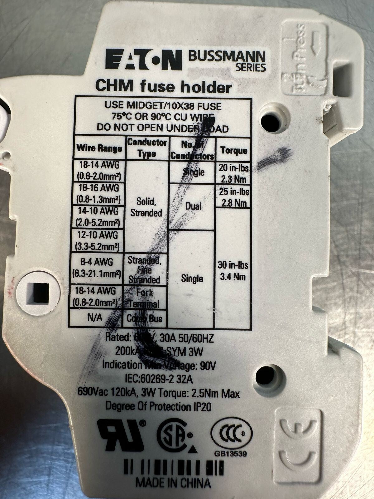 Eaton Bussmann CHM 32A 600V 3 Poles Fuse Holder CHM32A W/ fuse FNQ-8 (7.3.3)