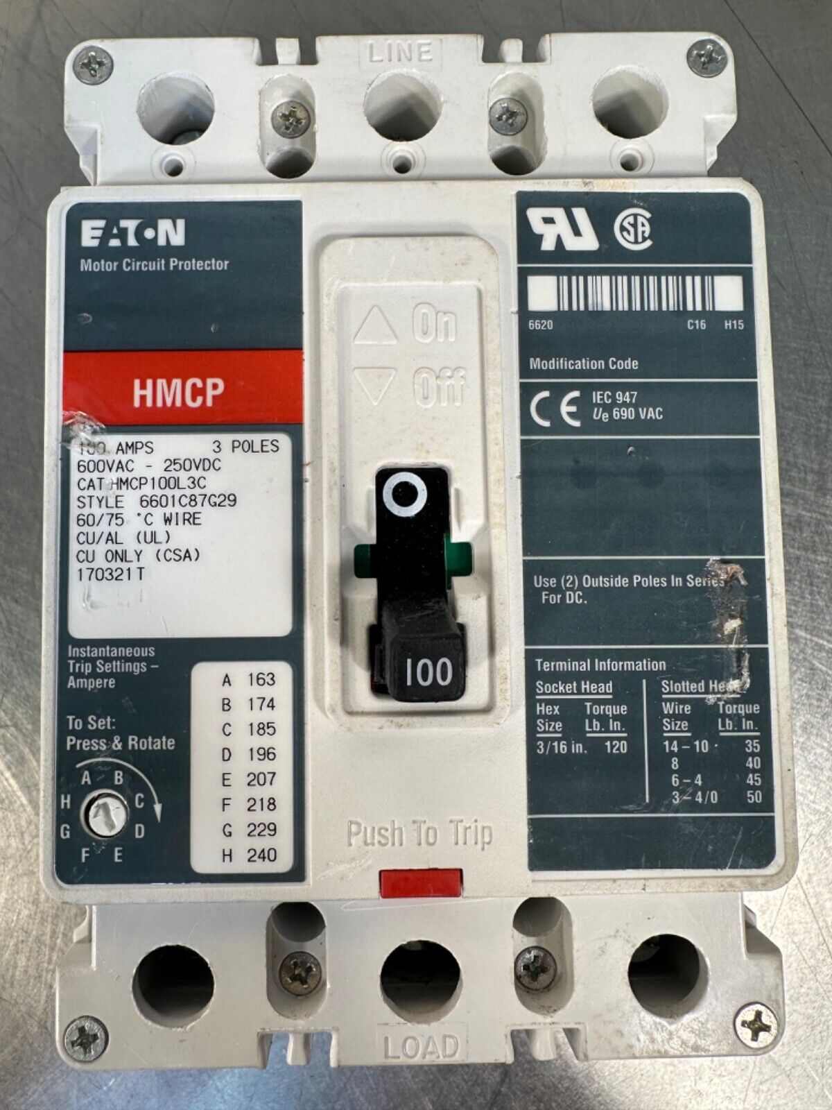 HMCP100L3C Eaton 100A 3 POLE 600VAC Circuit Breaker HMCP-100L3C (4C-29)
