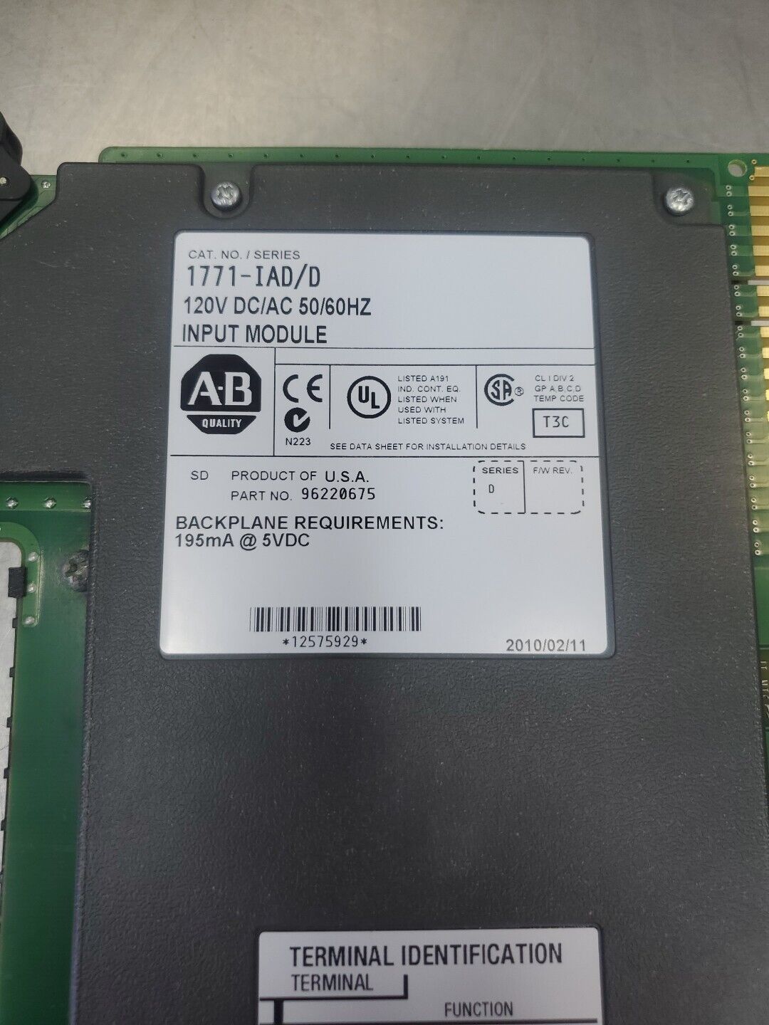 Allen Bradley 1771-IAD/D 120VDC/AC 50/60HZ Input Module. 3D-38