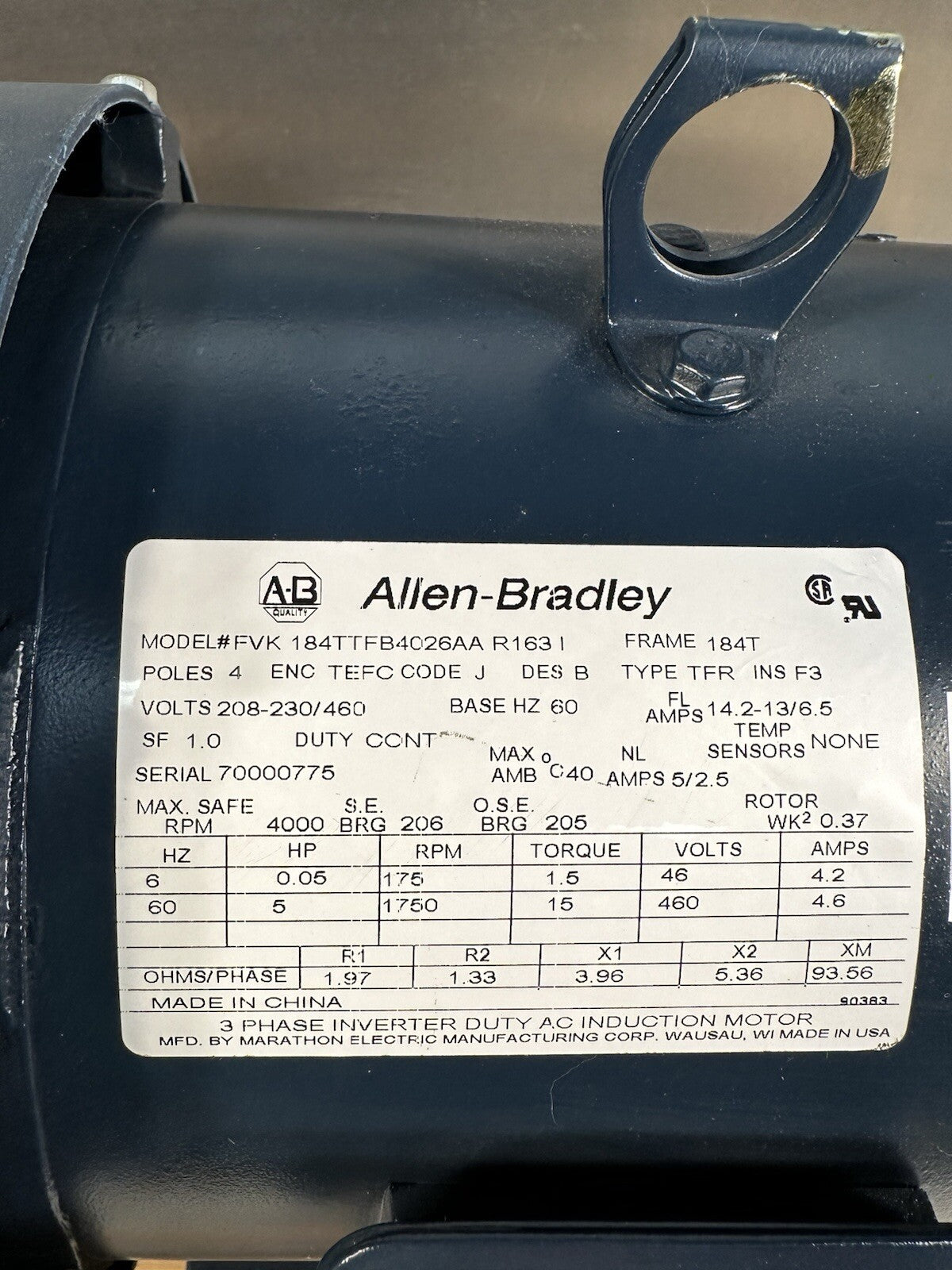 New - Allen Bradley 184TTFB4026AA Electric Motor 1750 RPM (BIN-7.5.3)