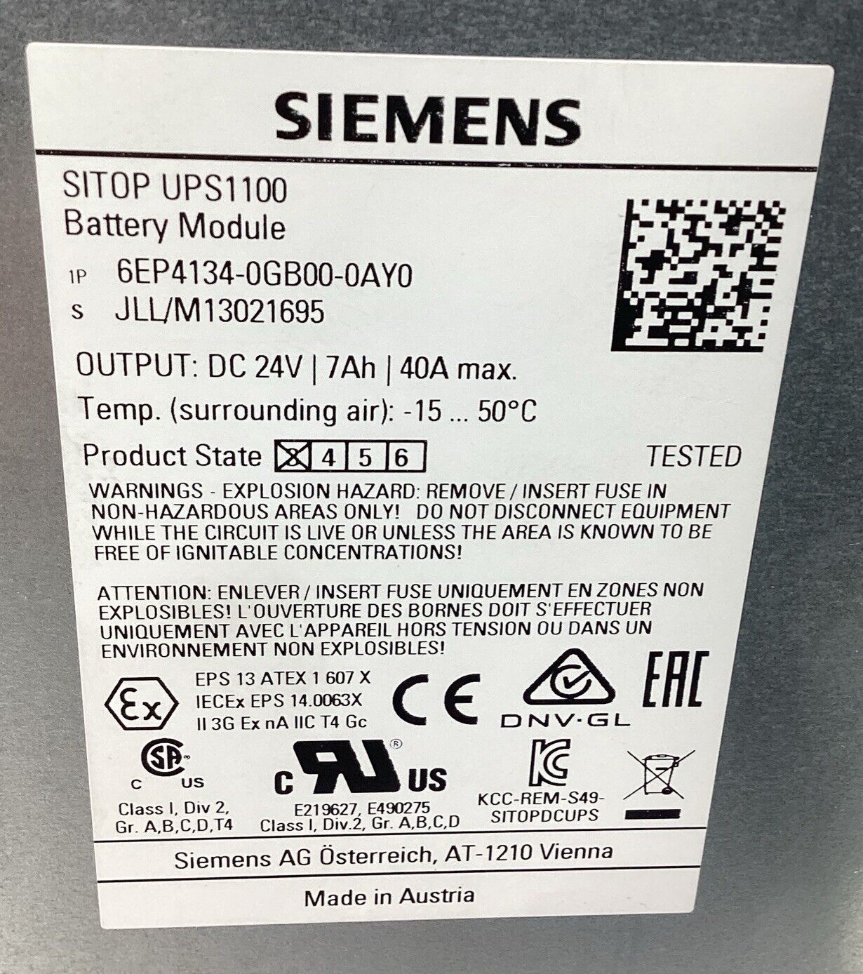SIEMENS SITOP UPS1100 Battery Module 6EP4134-0GB00-0AY0  24VDC         4D