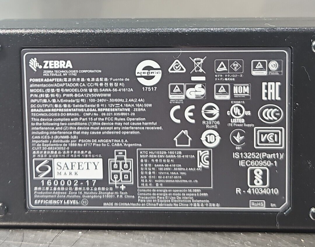 Zebra PWR-BGA12V50W0WW Power Adaptor 50/60Hz 4A 12VDC (BIN344)
