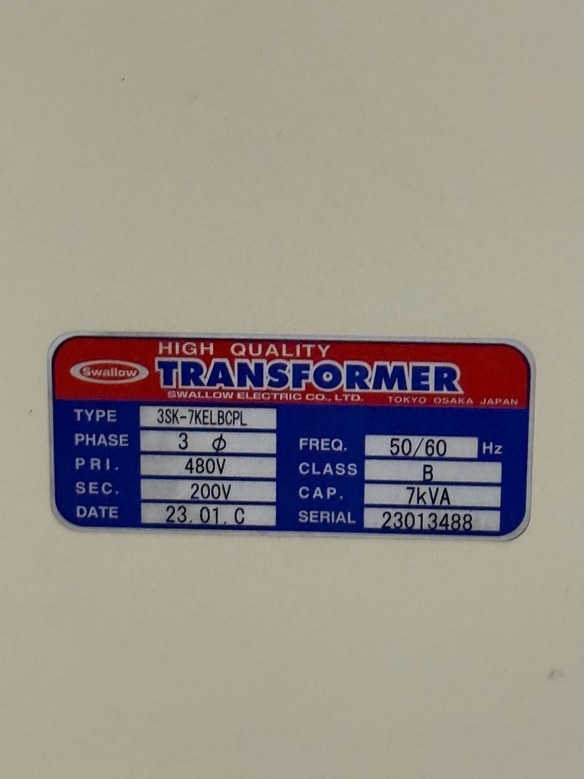 Swallow 3SK-7KELBCPL Transformer 3Ph – 50/60hz Class B 7Kva (10.6.1)