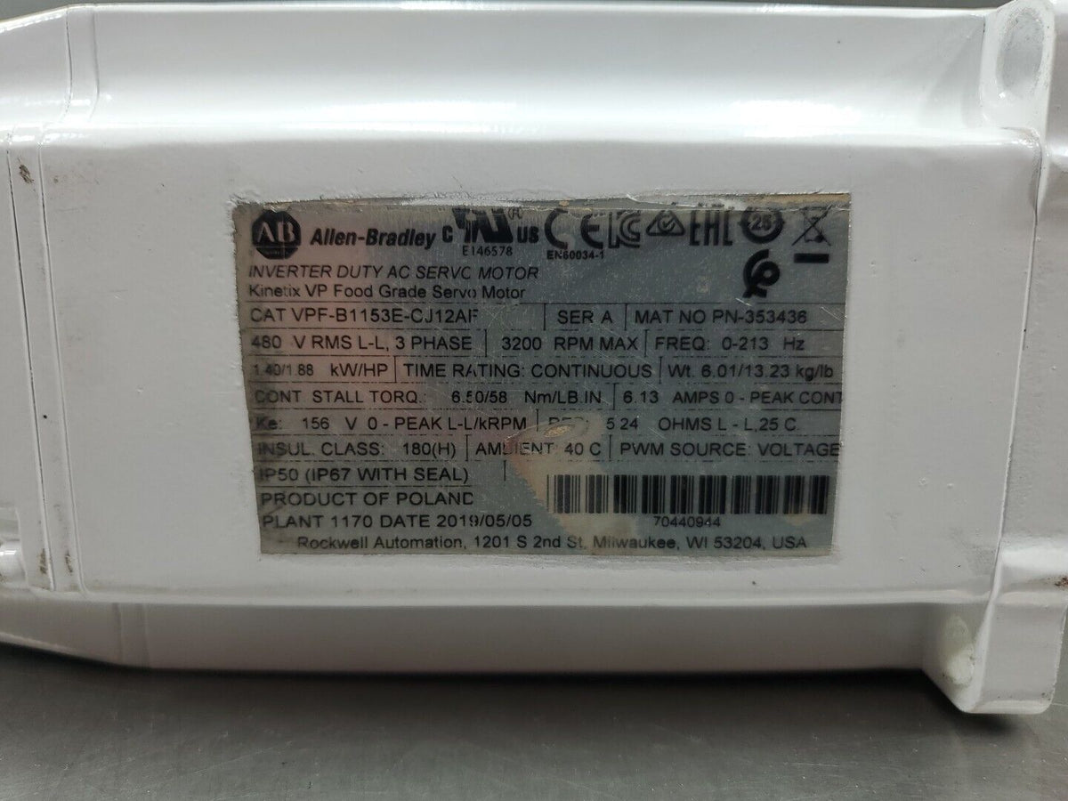 Allen Bradley VPF-B1153E-CJ12AF Kinetix Food Grade Servo Motor, 3200 RPM 1E