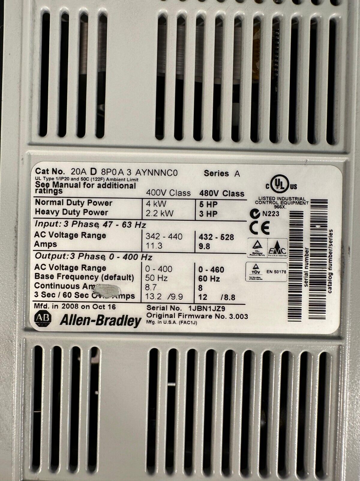 Allen BradleyPowerflex70 20A-D-8P0A3AYNNNC0 Ser.A 3ph 0-400hz (1c-06)