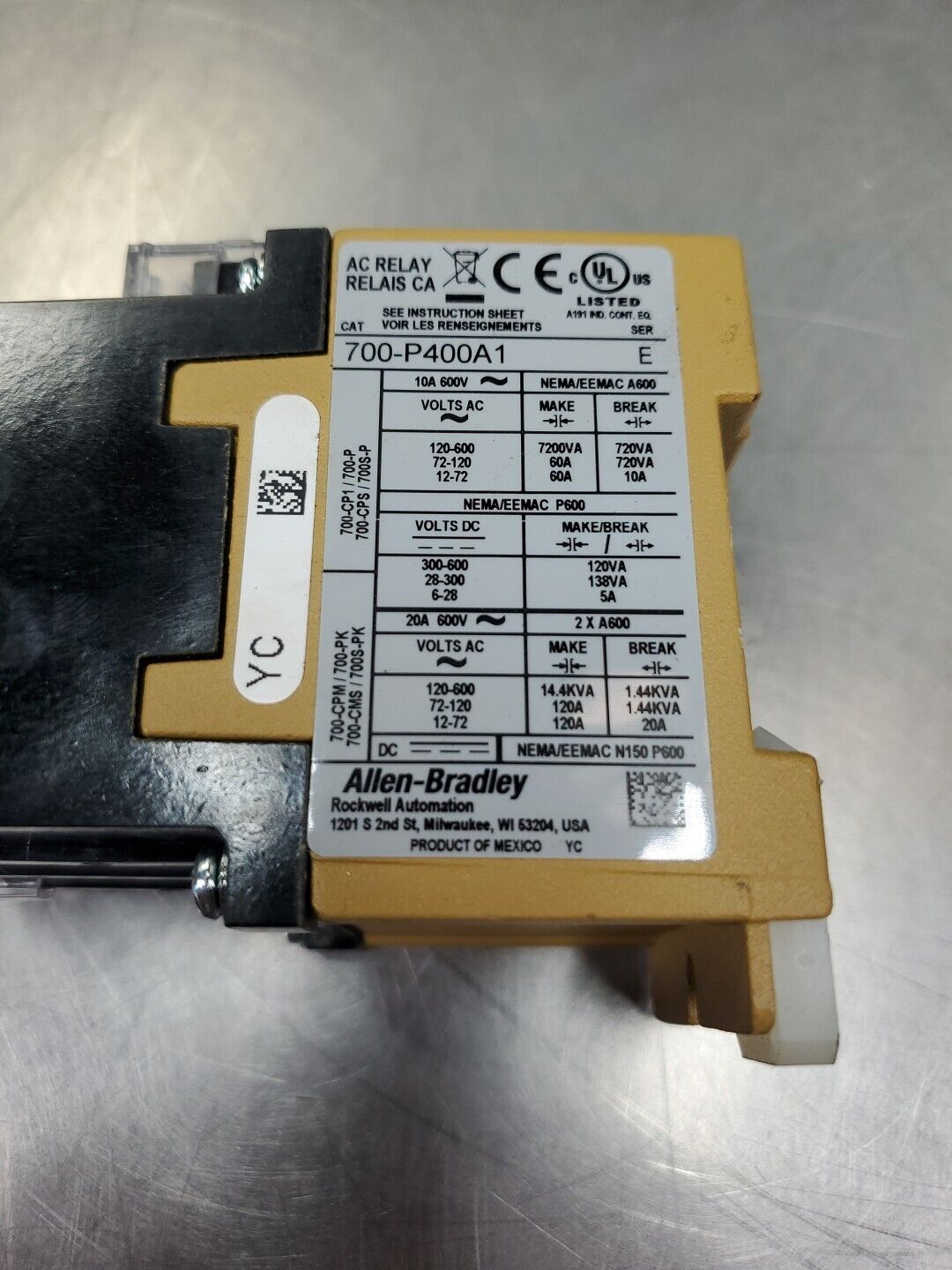 Allen-Bradley 700-P400A1 Ser E. AC Relay, 600V 4D-27