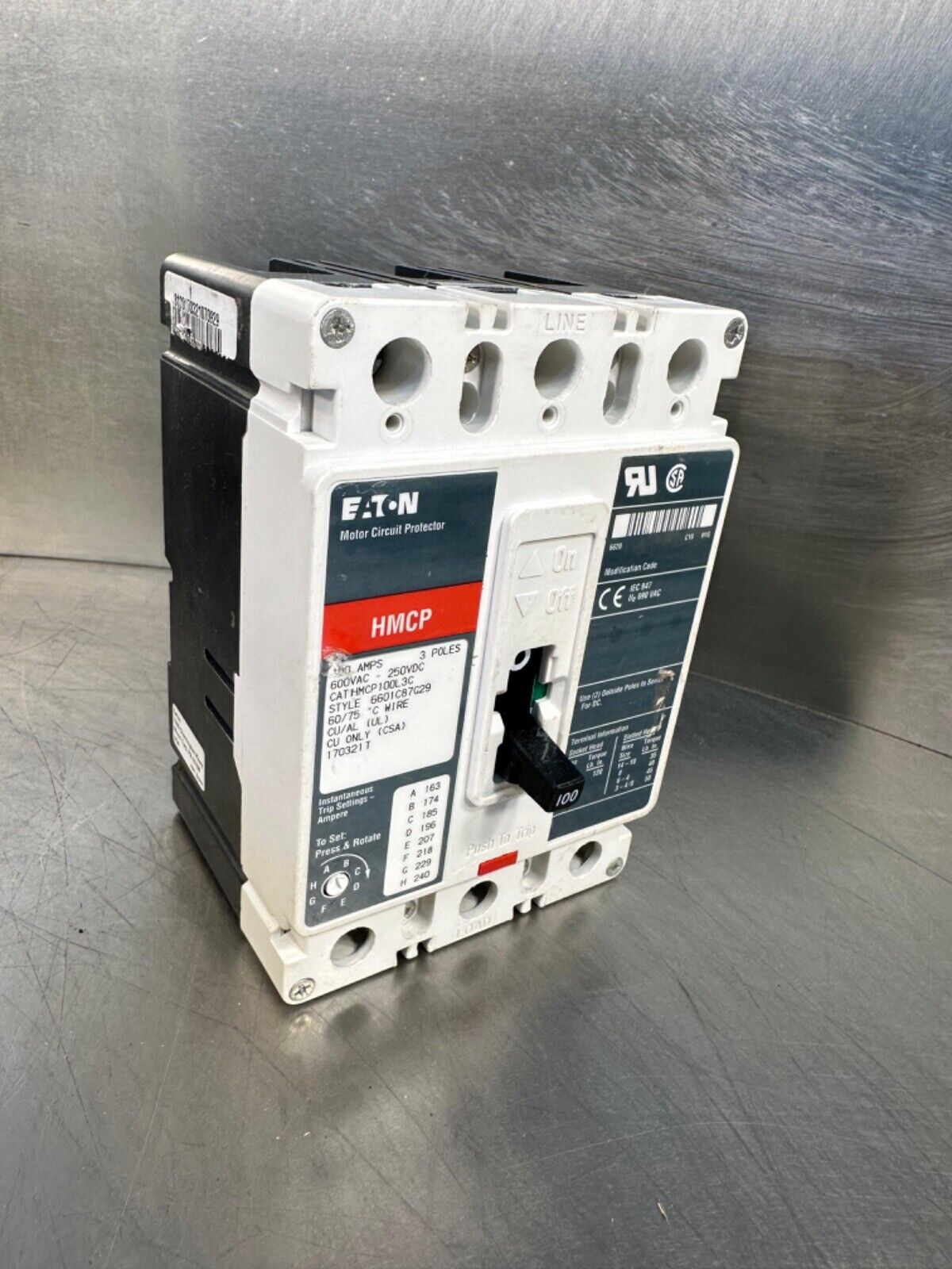 HMCP100L3C Eaton 100A 3 POLE 600VAC Circuit Breaker HMCP100L3C (4C29