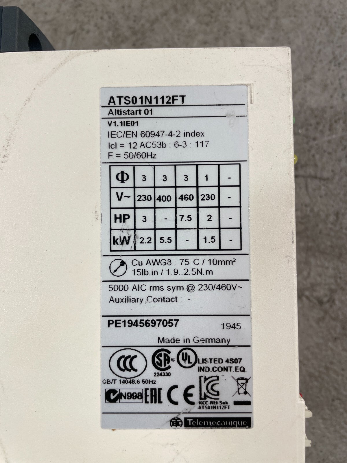 Schneider Electric ATS01N112FT Altistart White 9A 110/480V Soft Starter @1.5.3