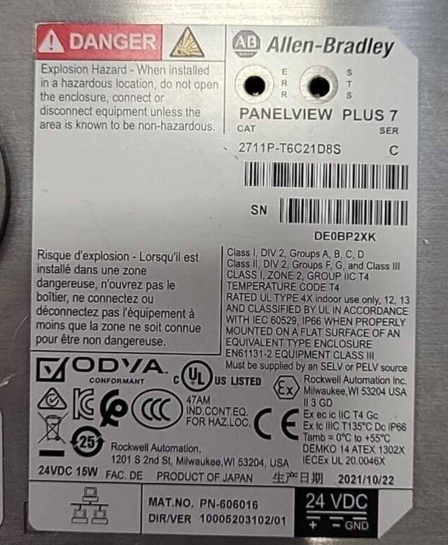 Allen Bradley 2711P-T6C21D8S Series C Panel view Plus (BIN 3.5.3)