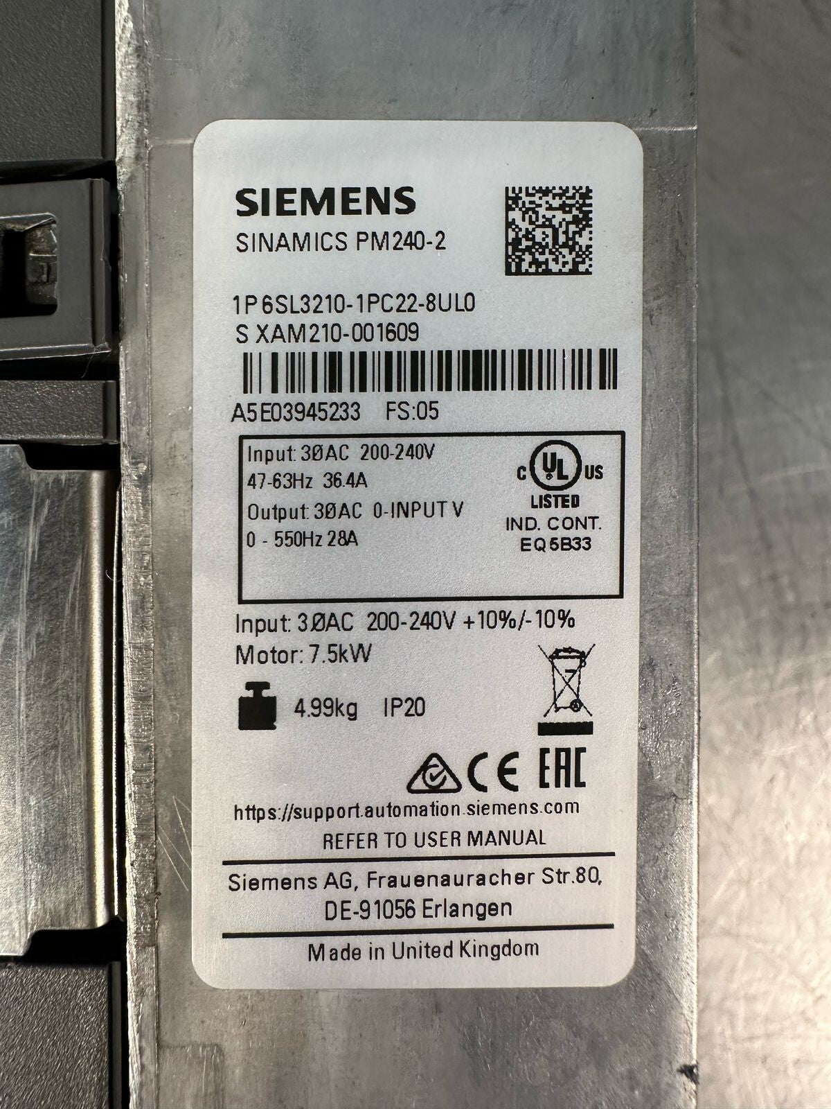 Siemens 6SL3210-1PC22-8UL0 Sinamics PM240-2 (4.6.2)