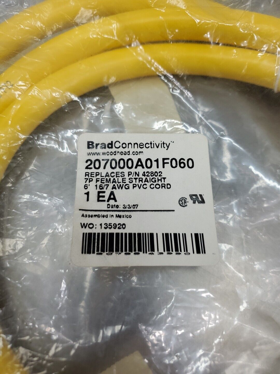 BRAD CONNECTIVITY 7P FEMALE STRAIGHT 6' 16/7 AWG PVC CORD, 207000A01F060. 5D-25