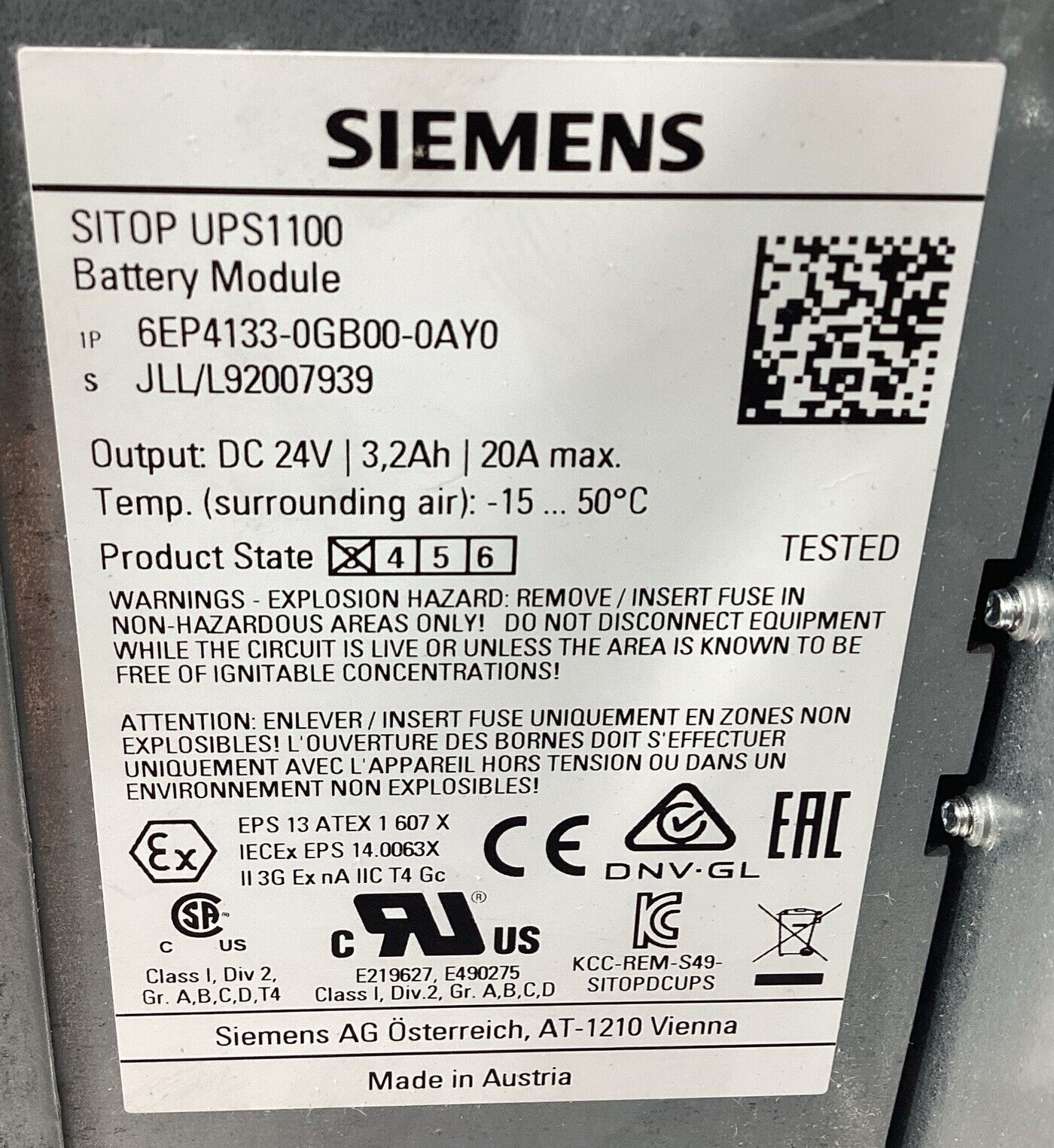 SIEMENS  6EP4133-0GB00-0AY0  SITOP UPS1100 Battery Module 24VDC 20A Max     4C