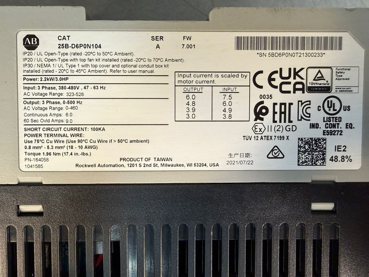 Allen-Bradley 25B-D6P0N104 /A FW 7.001 PowerFlex 525 2.2KW 3HP (9.3.5)