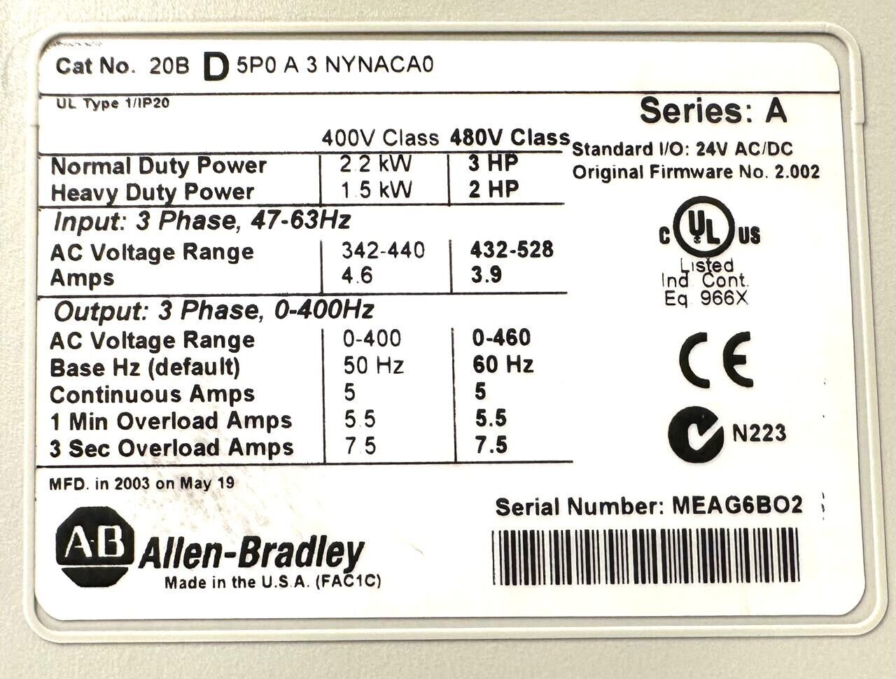 Allen Bradley20BD5P0A3NYNACA0 /A Powerflex 700 Drive 3hp 5a (1D-07)