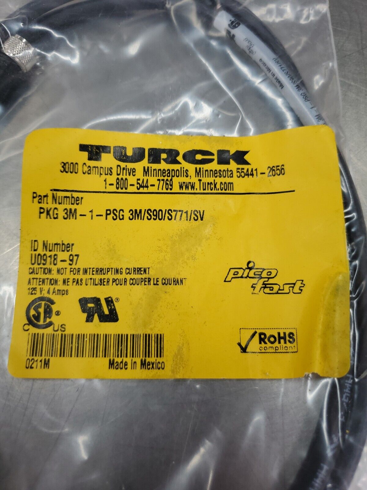 TURCK PKG 3M-1-PSG 3M/S90/S771/SV CORDSET EXTENSION CABLE. 5A-12/2