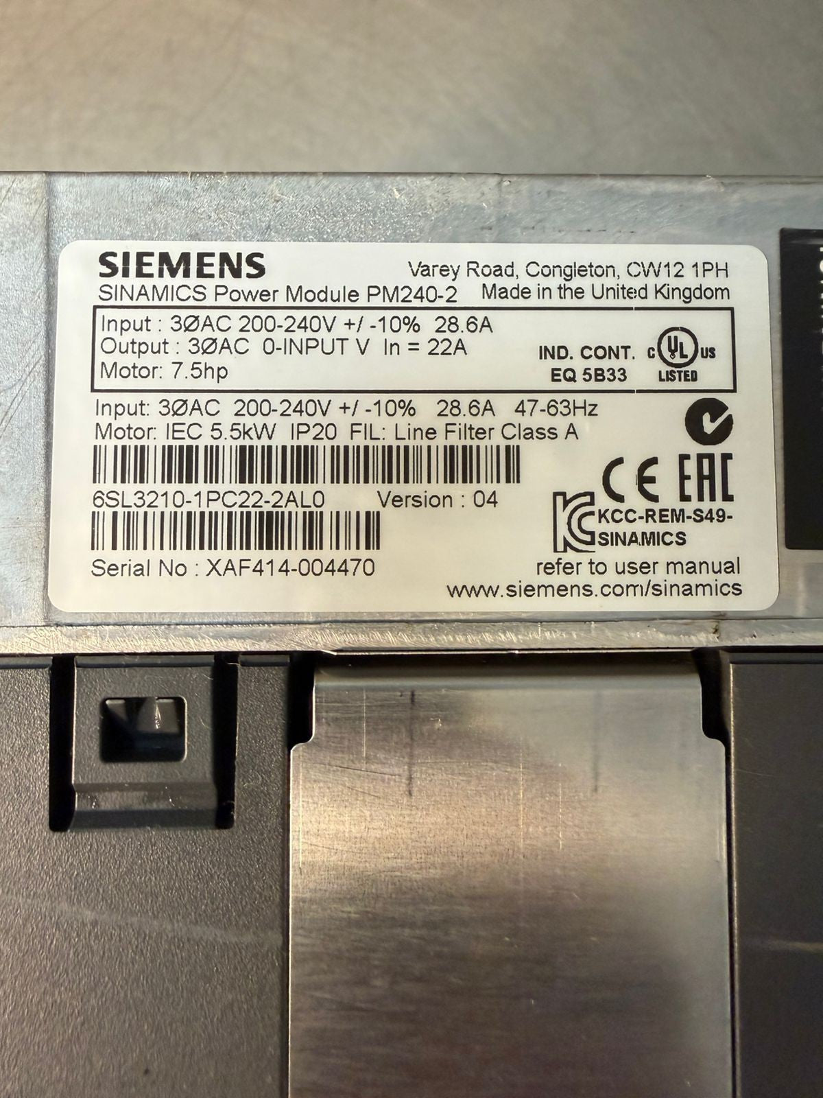 Siemens 6SL3210-1PC22-2AL0 Ver.04 Sinamics Power Mod PM240-2 (11.5.1)