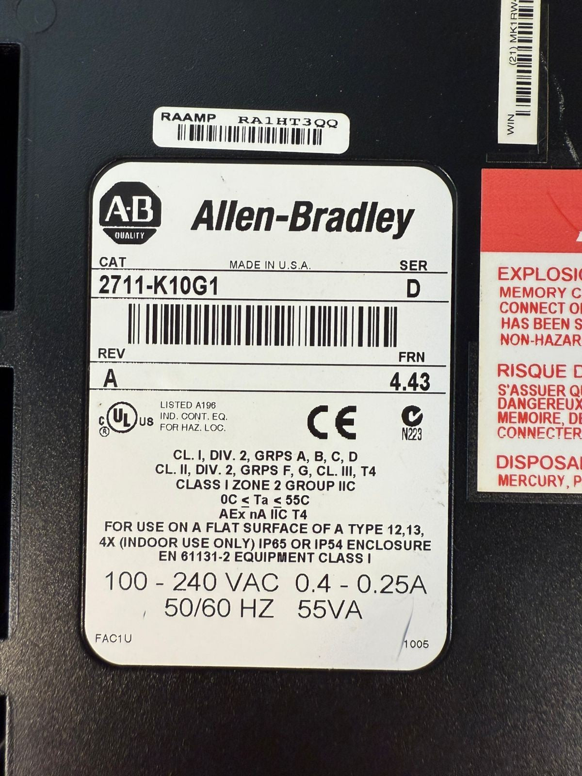 Allen Bradley 2711-K10G1 /D Panelview 1000 Rev .A FRN 4.43 (7.5.1)