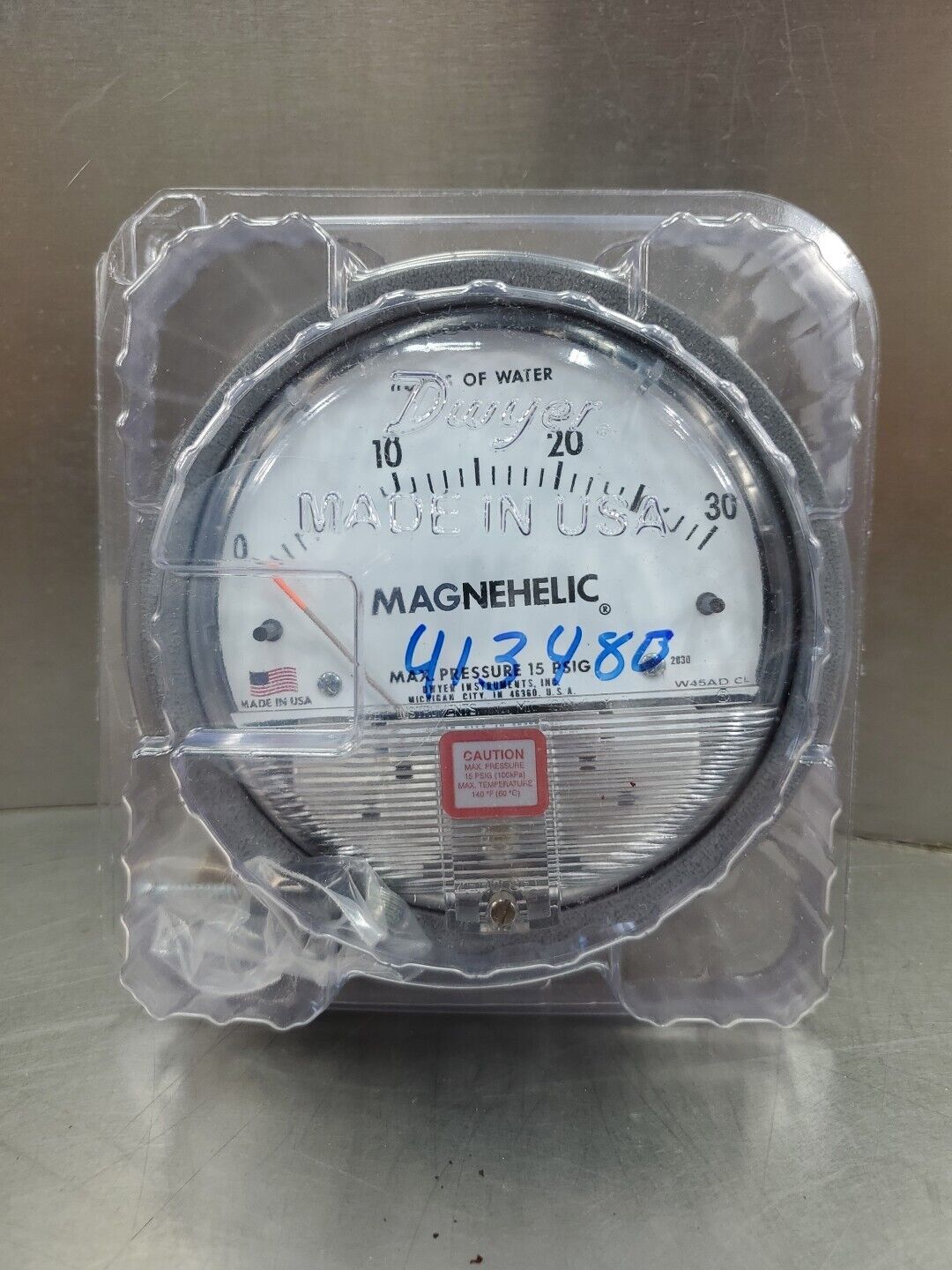 Dwyer Magnehelic W45AD CL Pressure Gauge, 0-30 INCHES OF WATER. 6B-11