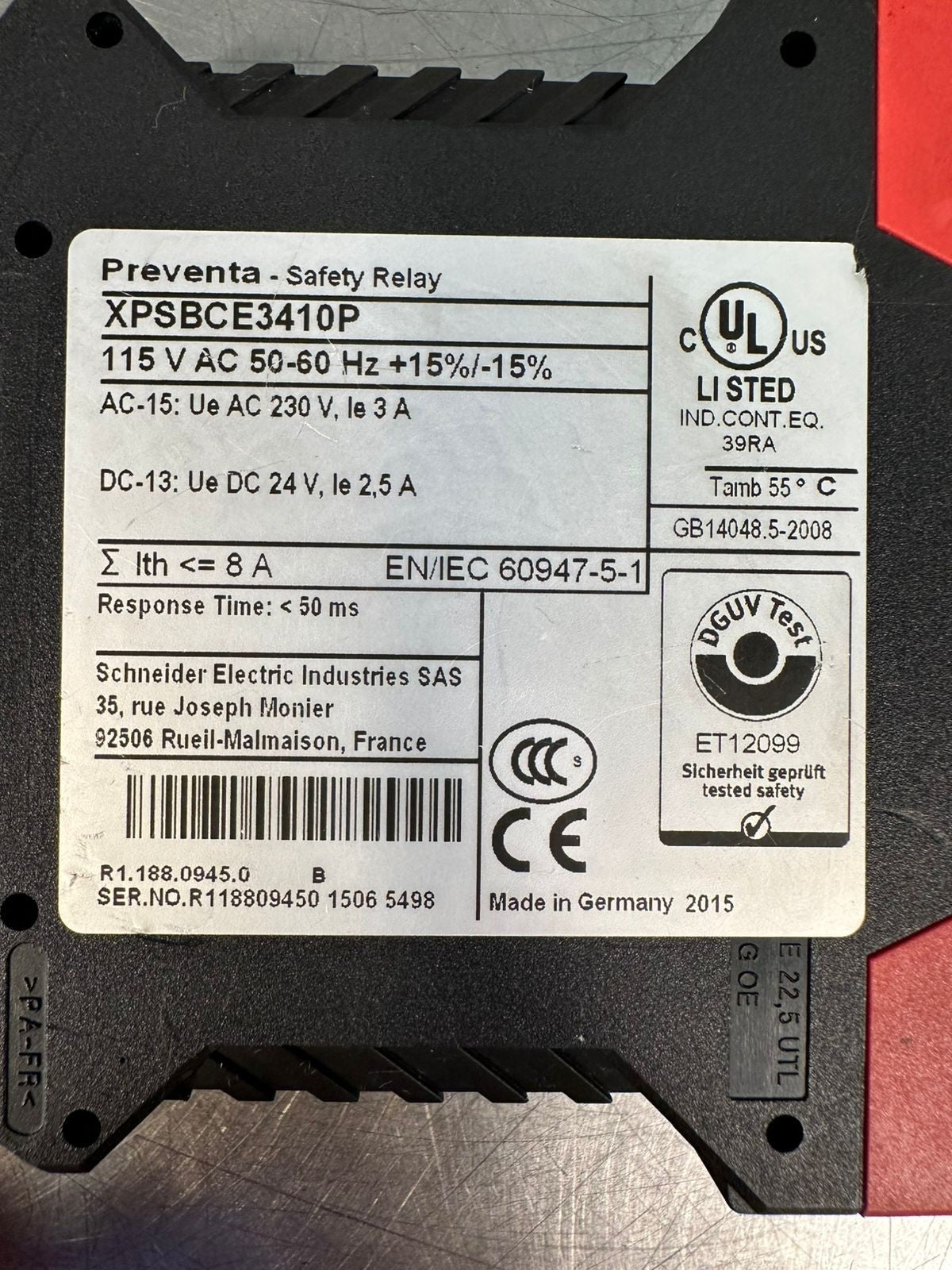 Schneider Electric XPSBCE3410P Safety Relay 115VAC 50/6HZ 8A (7.3.4)