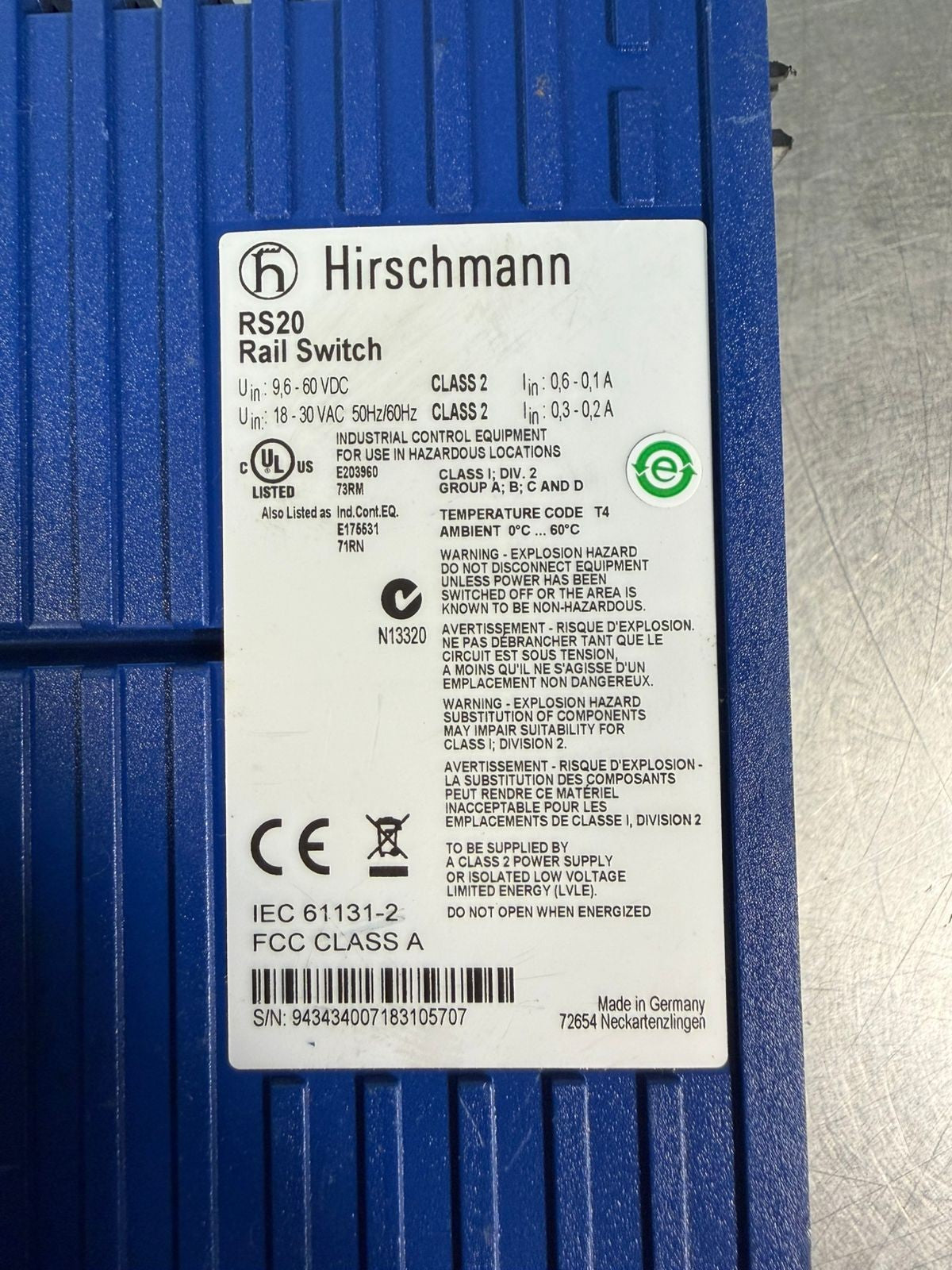 Hirschmann RS20 Rail Switch 9.6-60vdc 18-30vac 50/60hz (1.2.4)