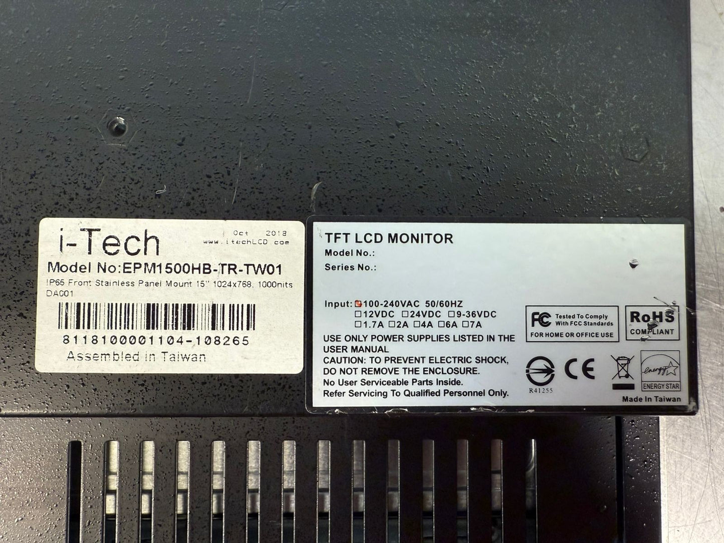 I-Tech EPM1500HB-TR-TW01 Panel Mount 15" 1024x768 100-240Vac 50/60H(5.5.5)