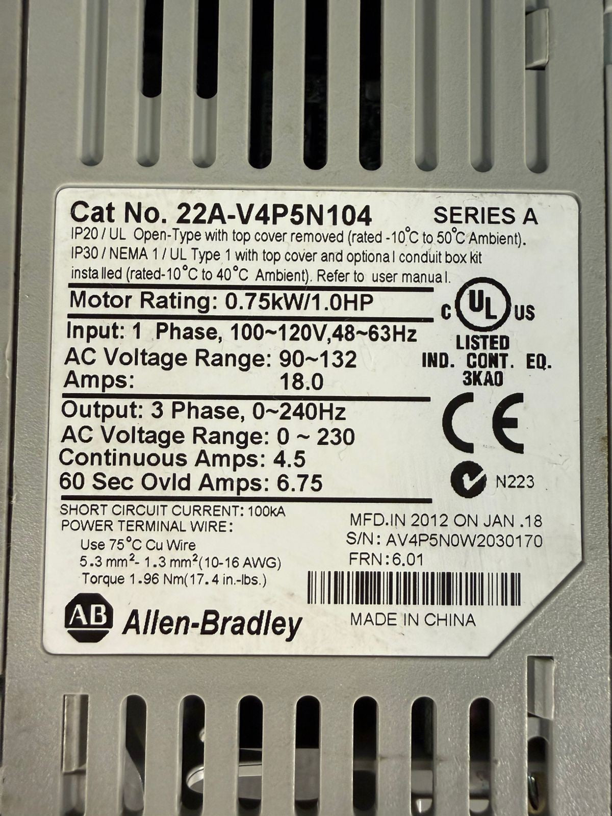 Allen Bradley 22A-V4P5N104 /A PowerFlex 0.75kw/1HP (7.4.2)