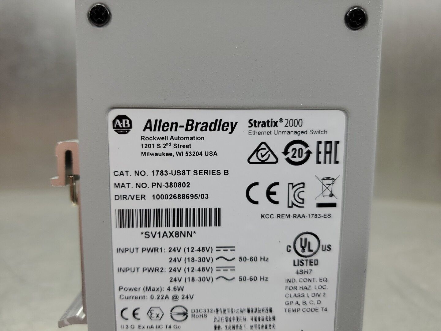 Allen Bradley Stratix 2000 1783-US8T Ser.B Ethernet Unmanaged Switch. 4D-35