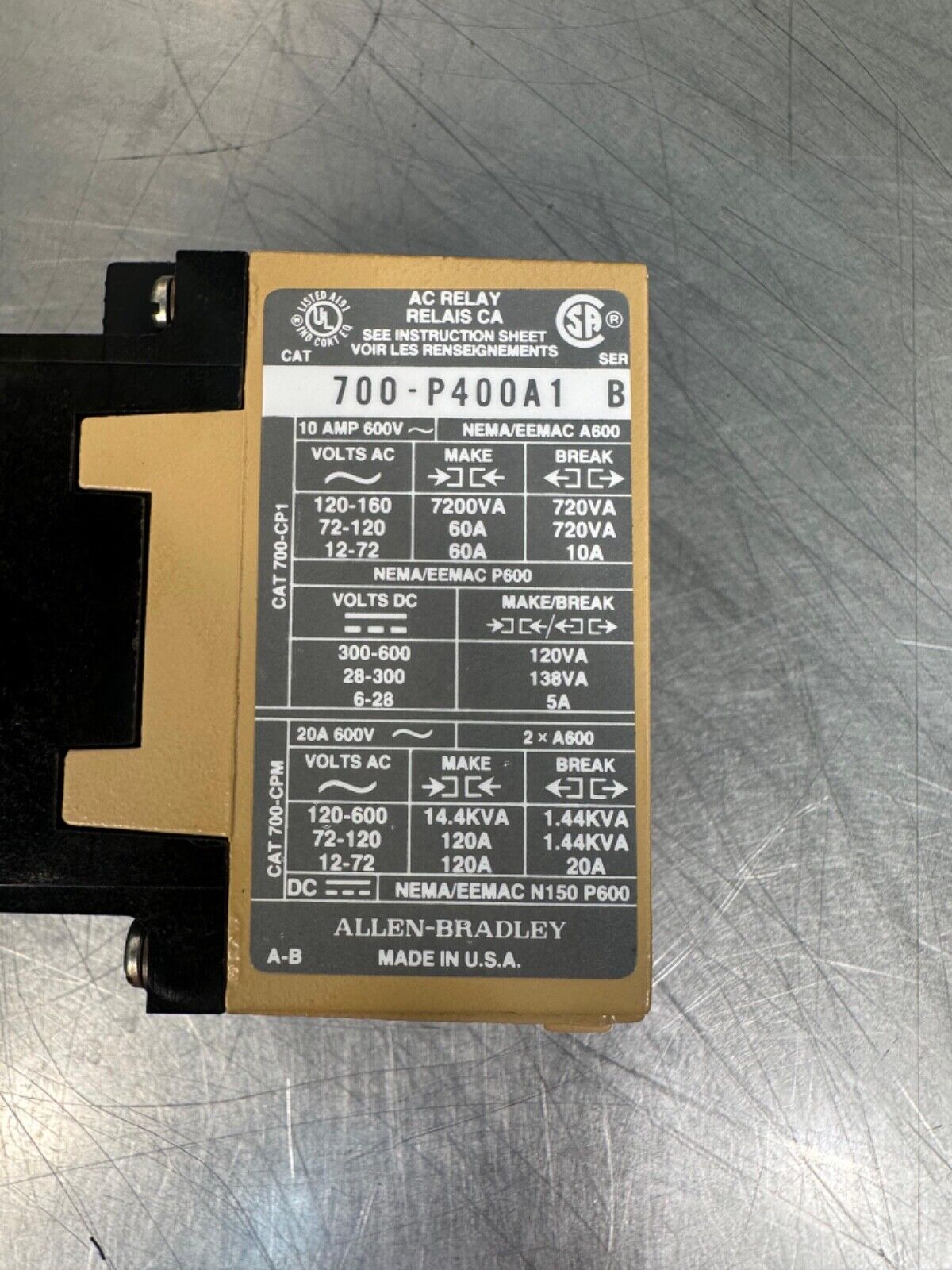 Allen Bradley 700-P400A1 SER. B 120V 60A (4B-28)