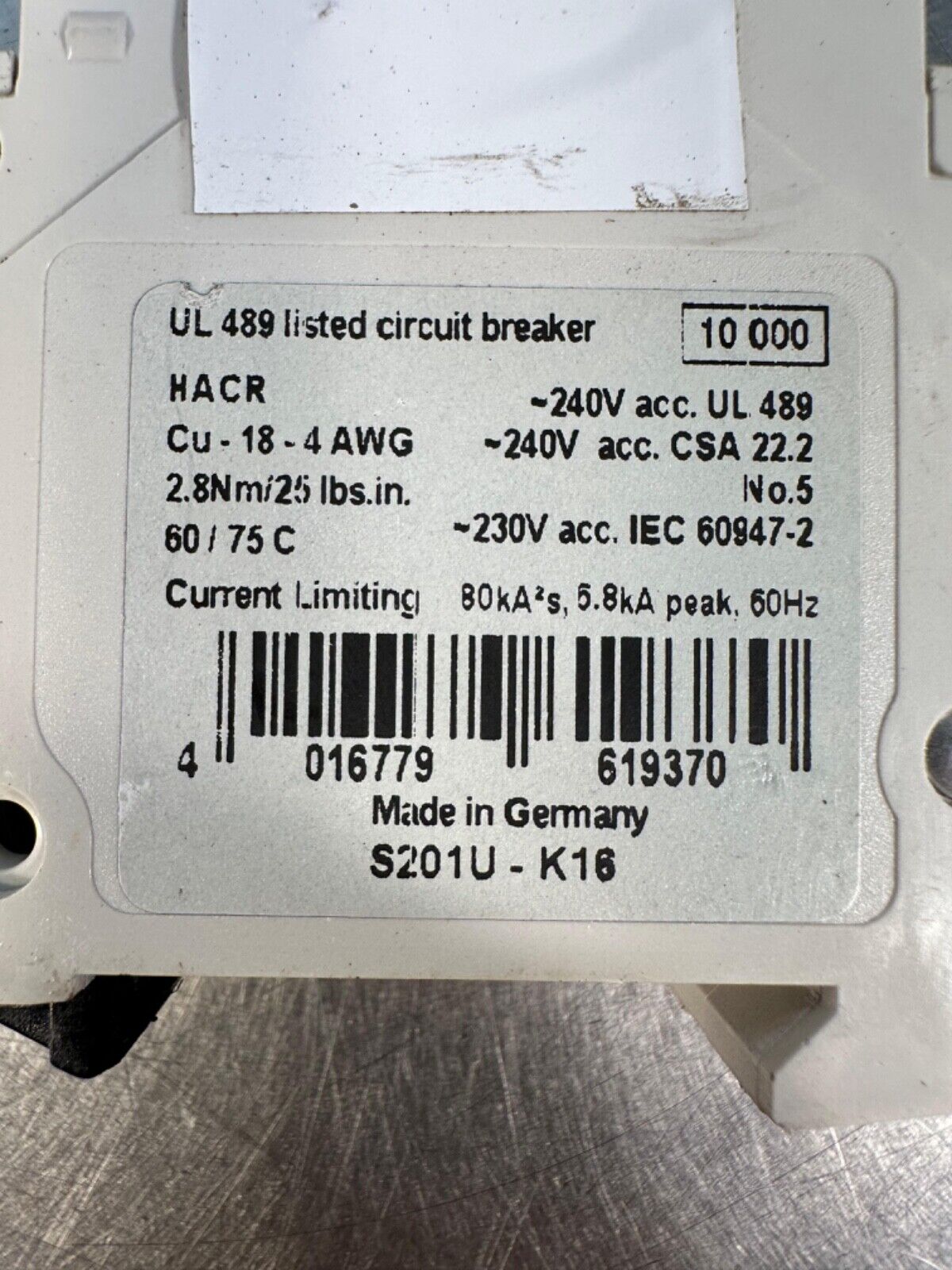 Abb S201UK16a Circuit Breaker S201u-K16 1 Pole 240VAc (4c-41)