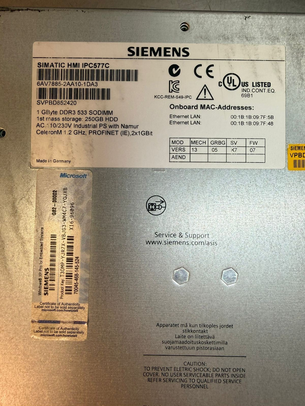Siemens 6AV7885-2AA10-1DA3 Simatic HMI IPC577C 1Gb DDR3 533 Sodimm (2.5.3)