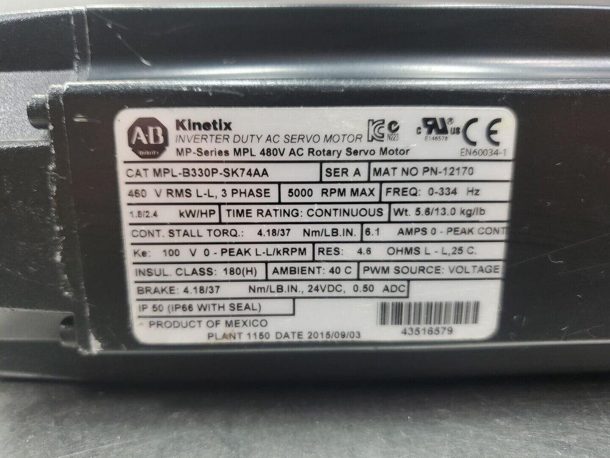 Allen Bradley MPL-B330P-SK74AA MPL AC Rotary Servo Motor, 5000 RPM. 1C