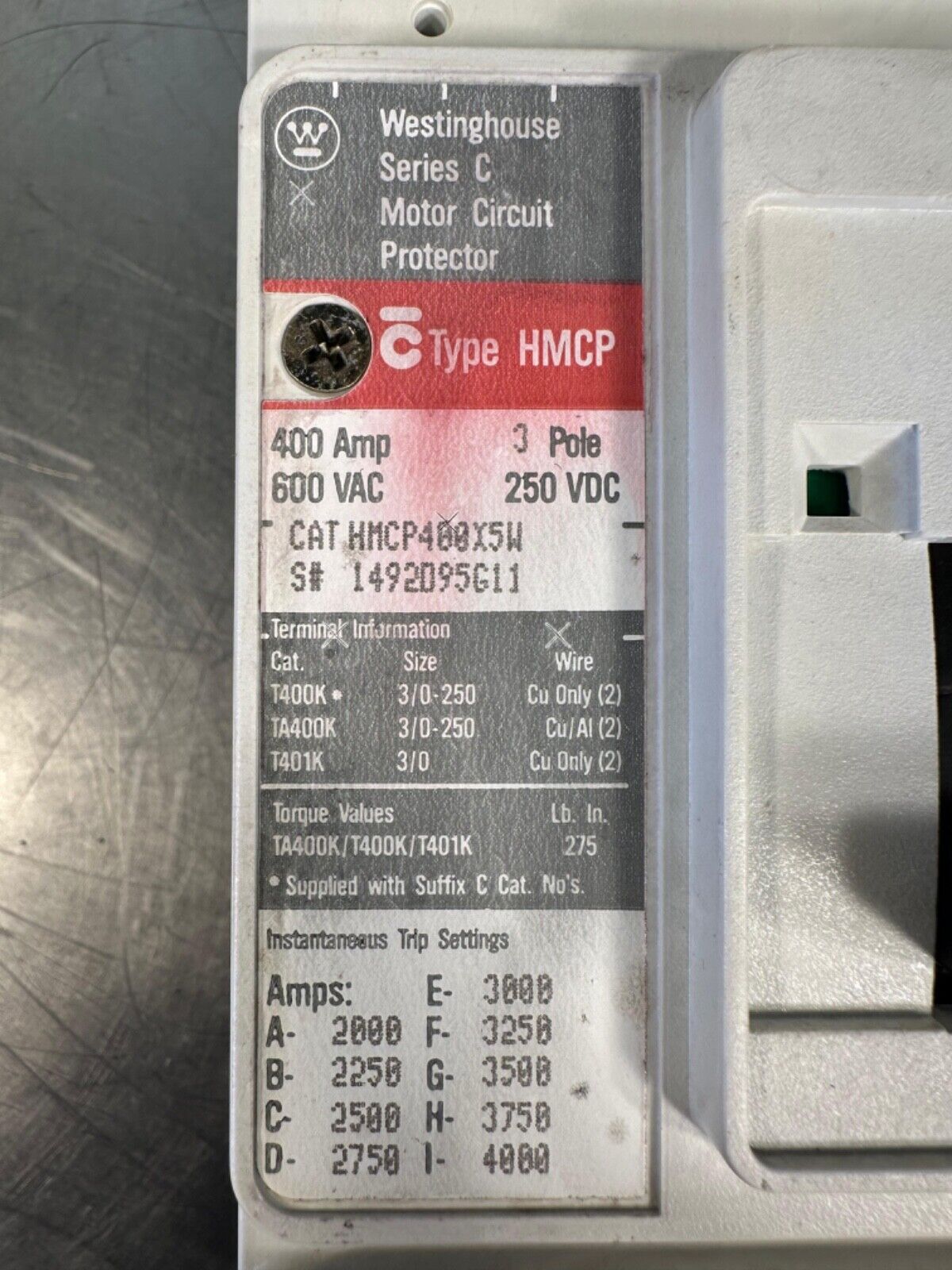 Westinghouse HMCP400X5W 400A Circuit Breaker 480/600V 3 Pole HMCP (5E22)