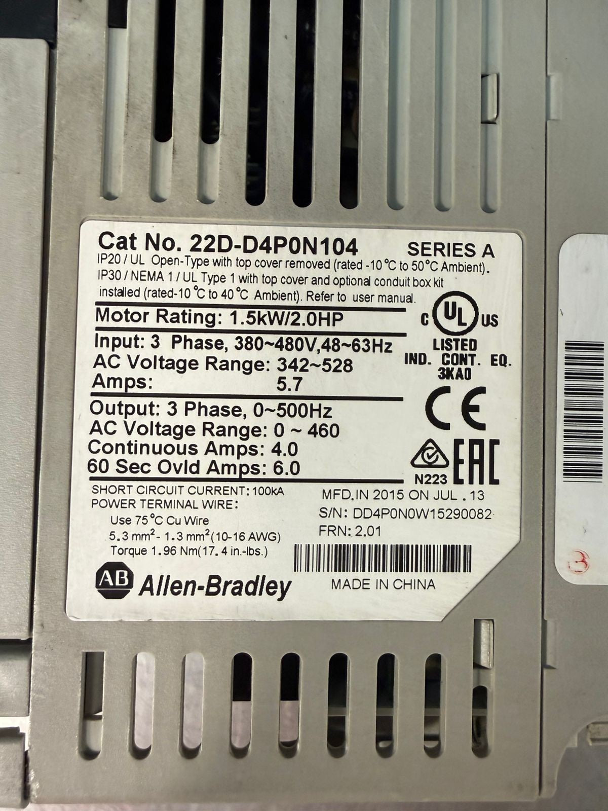 Allen Bradley 22D-D4PON104 /A Powerflex4 22DD4P0N104 (1.5.4)