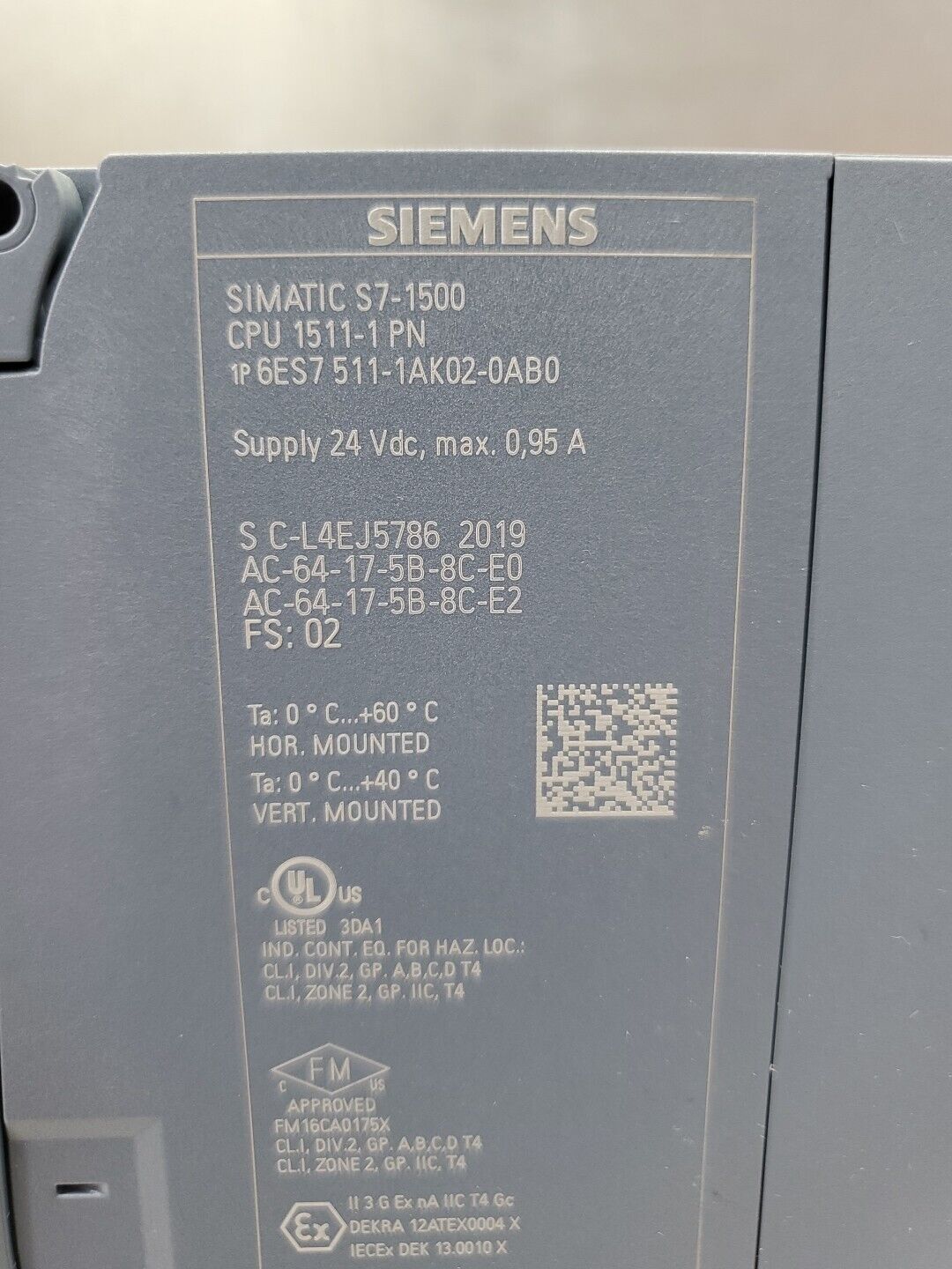 Siemens SIMATIC S7-1500 (6ES7 511-1AK02-0AB0) CPU 1511-1 Module.           3C-30