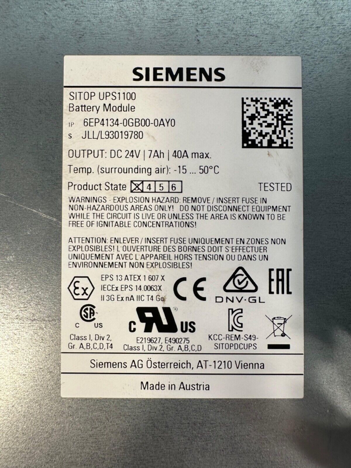 Siemens 6EP4134-0GB00-0AY0 SITOP UPS1100 Battery Module. DC 24V (1F-37)