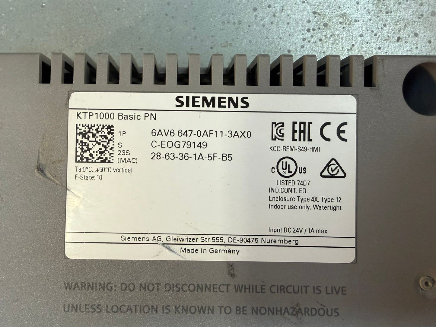 Siemens 6AV6647-0AF11-3AX0 Simatic KTP1000 HMI 10" Touch Cont Pnl (4.4.2)