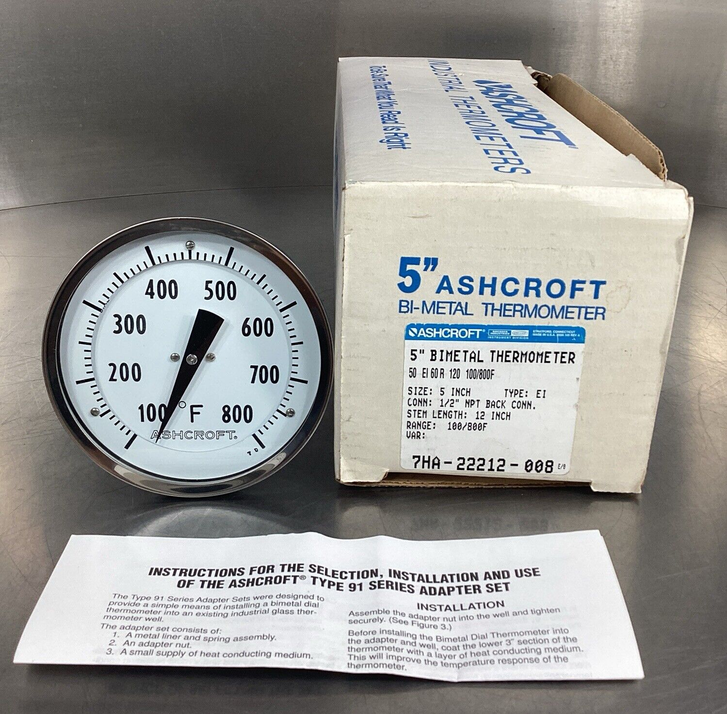 ASHCROFT THERMOMETER 50 EI 60R 120 100/800F 5" FACE 12" STEM 1/2" NPT