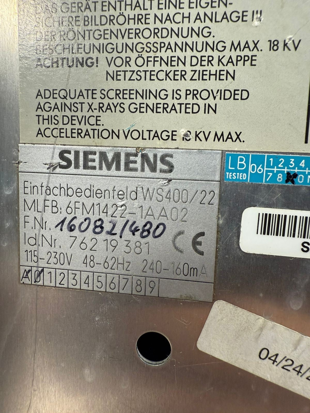 Siemens WS 400-22 Control Panel Monitor 6FM1422-1AA02 (1.6.1)