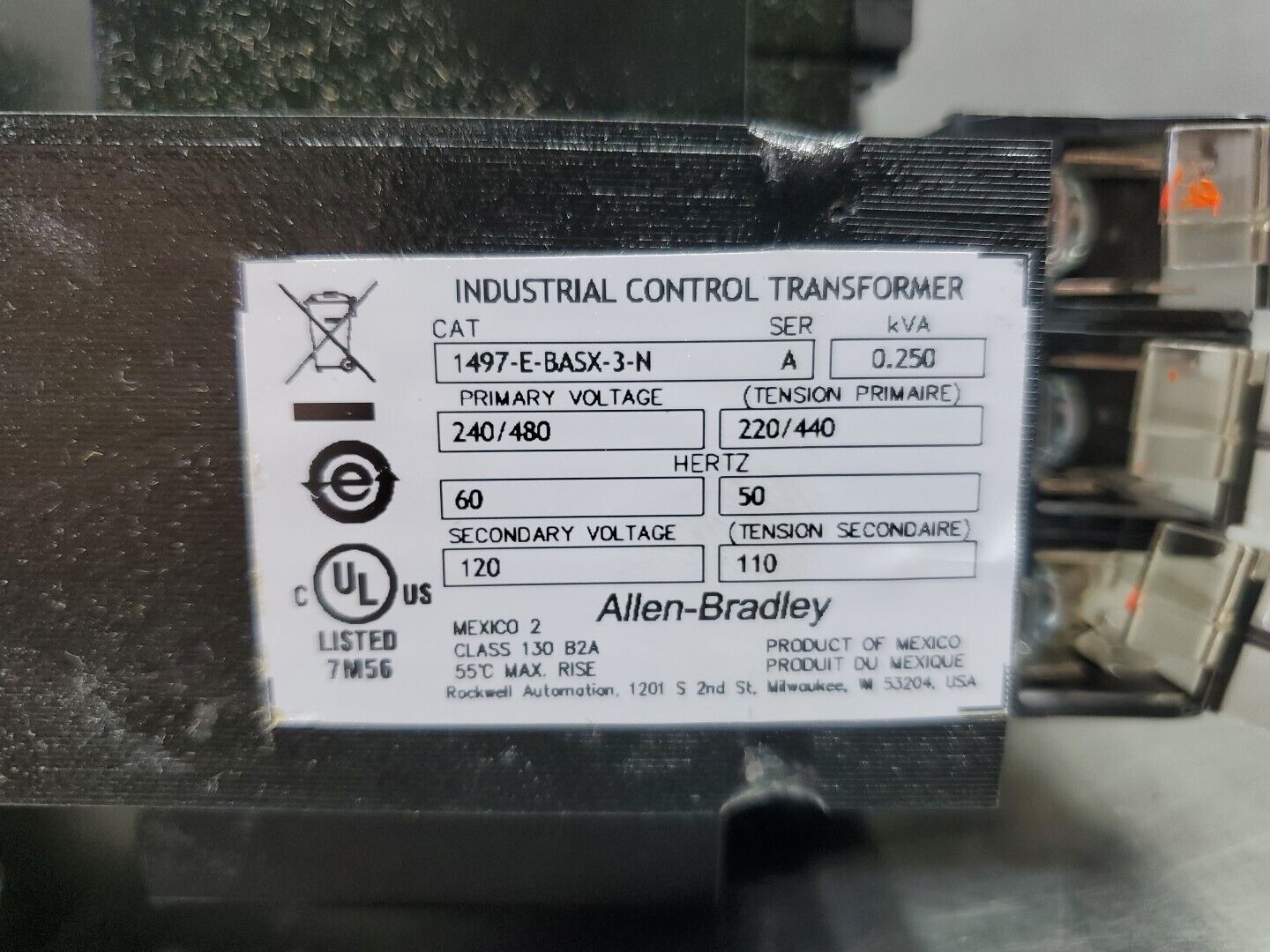 Allen Bradley 1497-E-BASX-3-N Series A, 0.250 KVA Transformer. 4B-33
