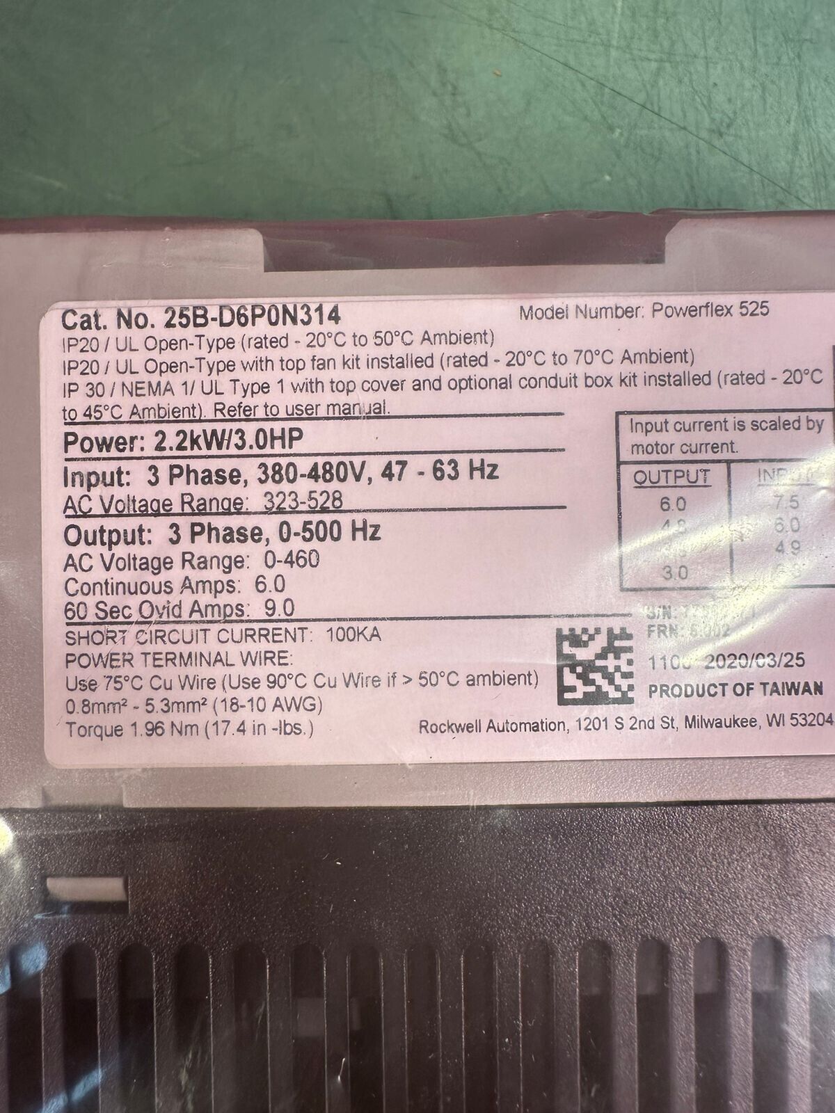 New Allen Bradley 25B-D6P0N314 PowerFlex 525 2.2kW / 3Hp AC Drive (1E-02)