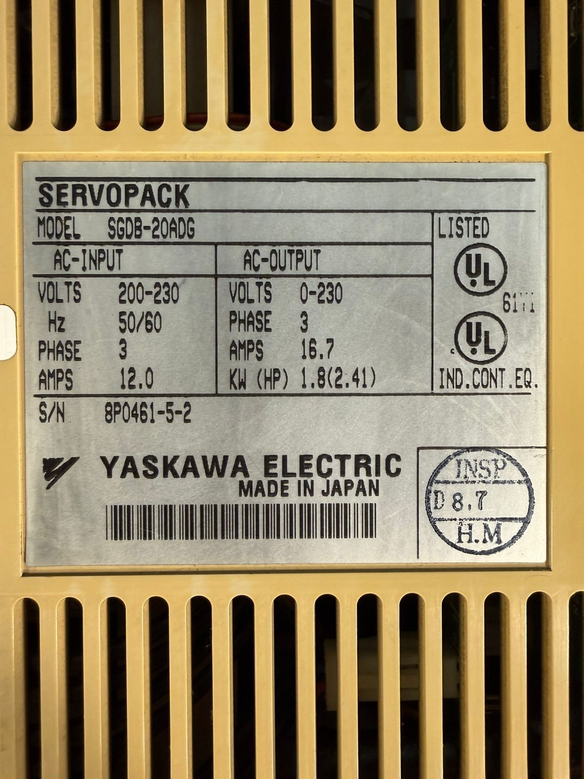 Yaskawa SGDB-20ADG Servo Pack 3Phase Servo Drive (8.3.6)