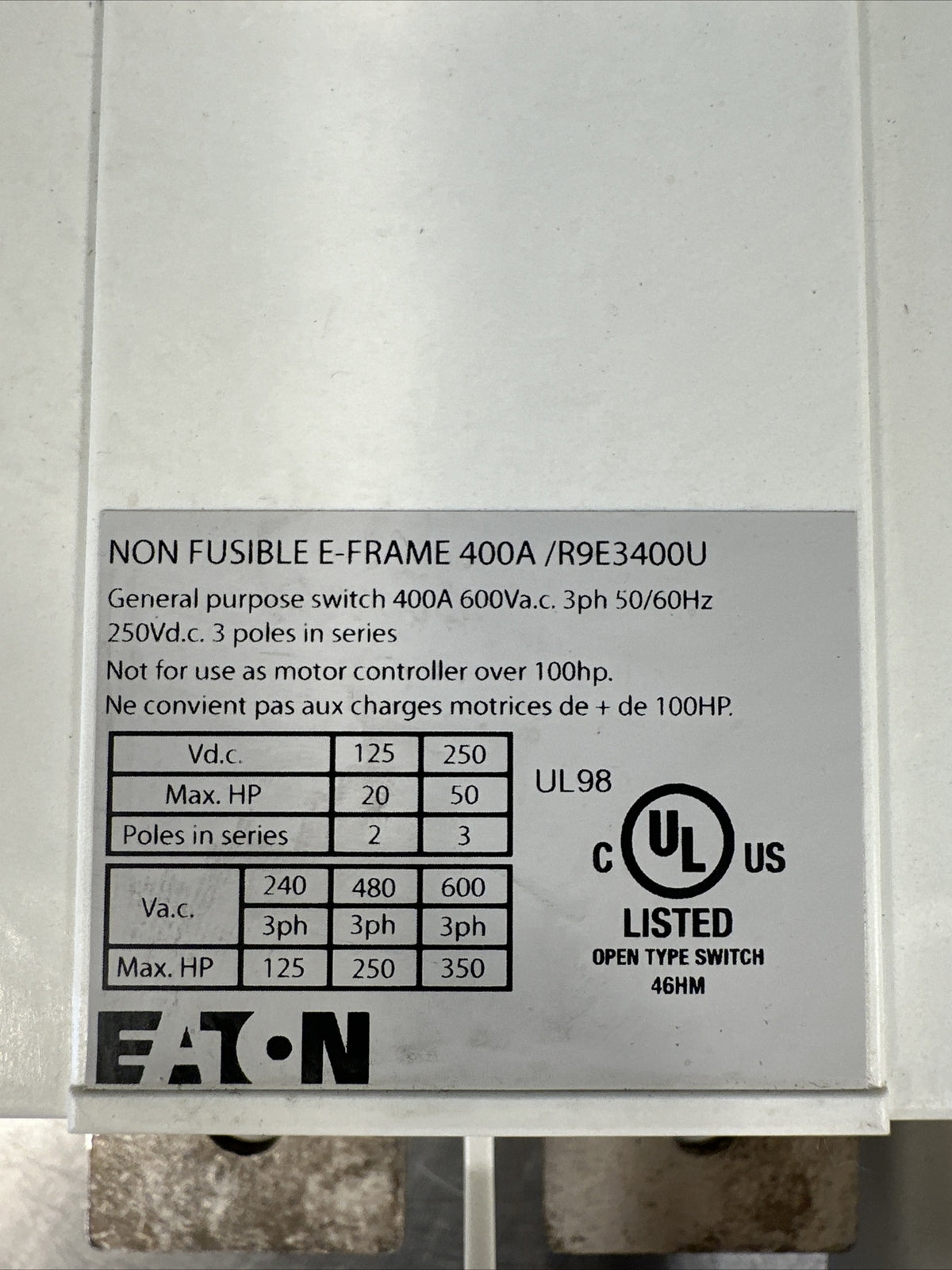 Eaton - Cutler Hammer R9D3400U NON-FUSIBLE ROTARY SWITCH (BIN-1.6.5)