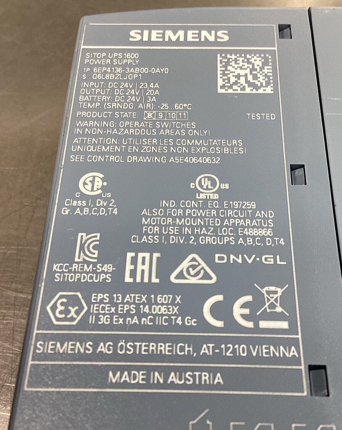 Siemens  6EP4136-3AB00-0AY0  SITOP UPS1600 Power Supply Out: 24VDC 20A     4D-28
