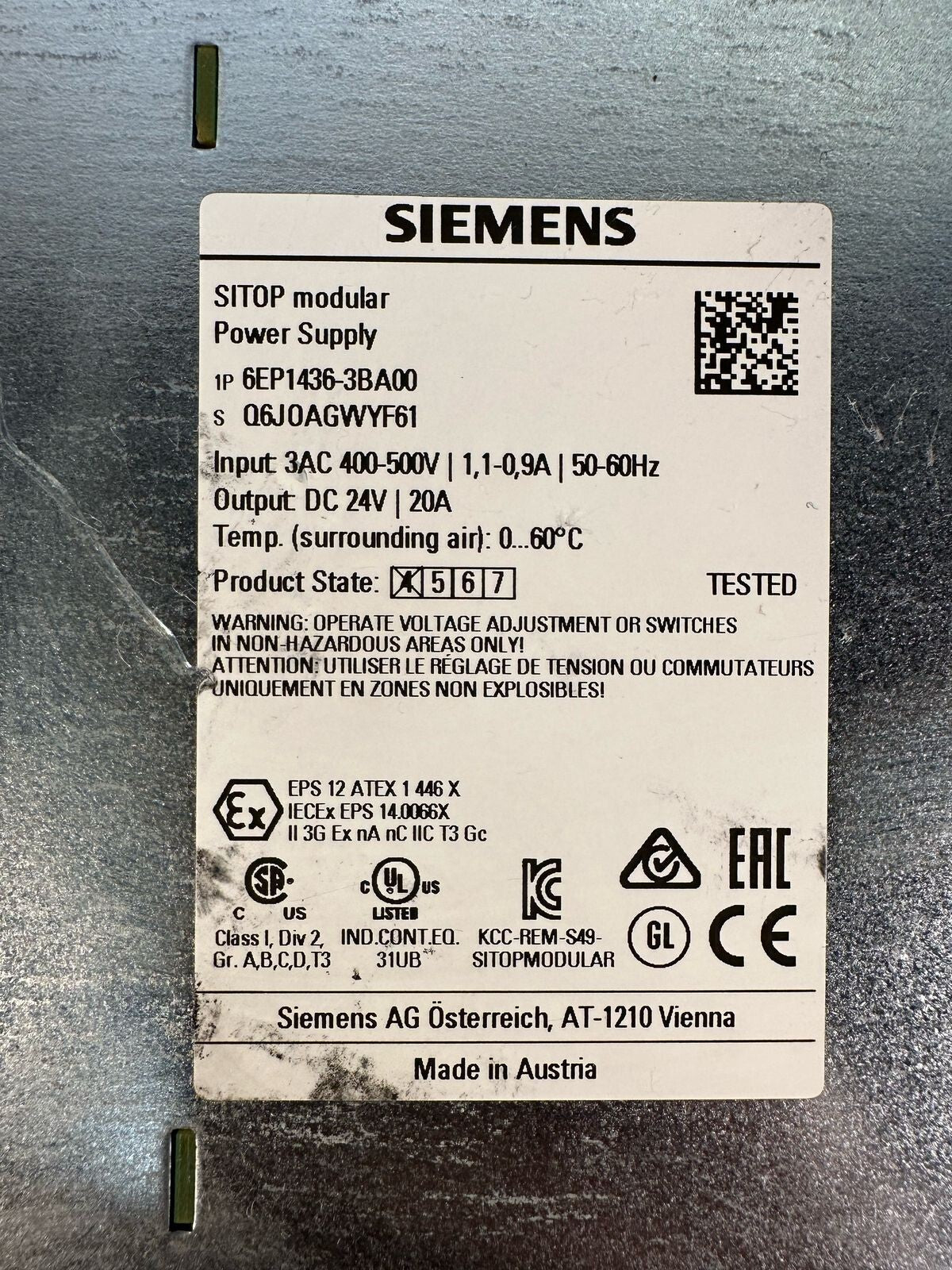Siemens Sitop MODULAR POWER SUPPLY 6EP1436-3BA00 output 24V/20A (8.3.1)