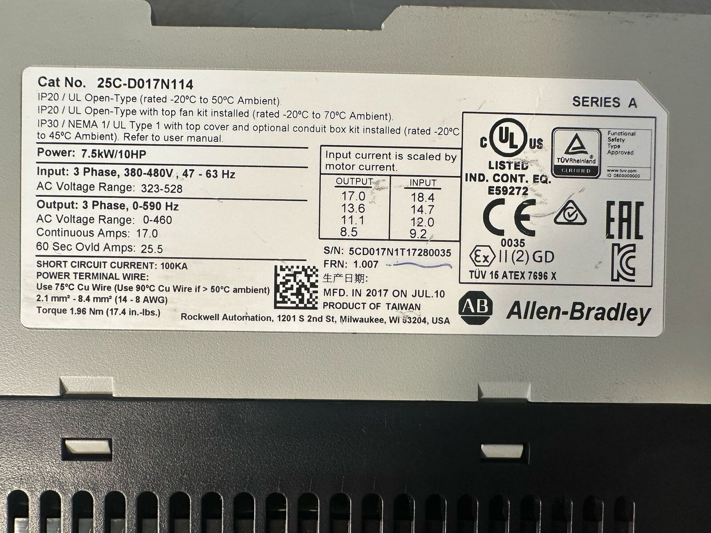 Allen-Bradley 25C-D017N114 PowerFlex525 AC Drive 480V 25CD017N114 (6.4.1)