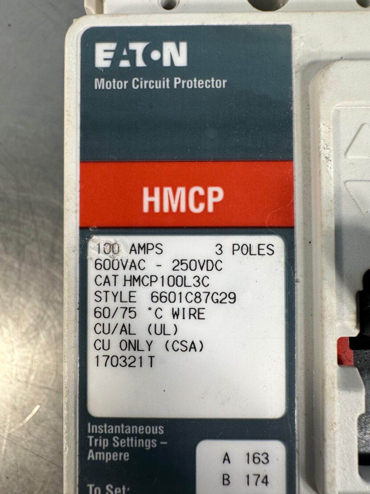 Eaton HMCP-100L3C Motor Circuit Protector breaker 100A 600V (4D-37)