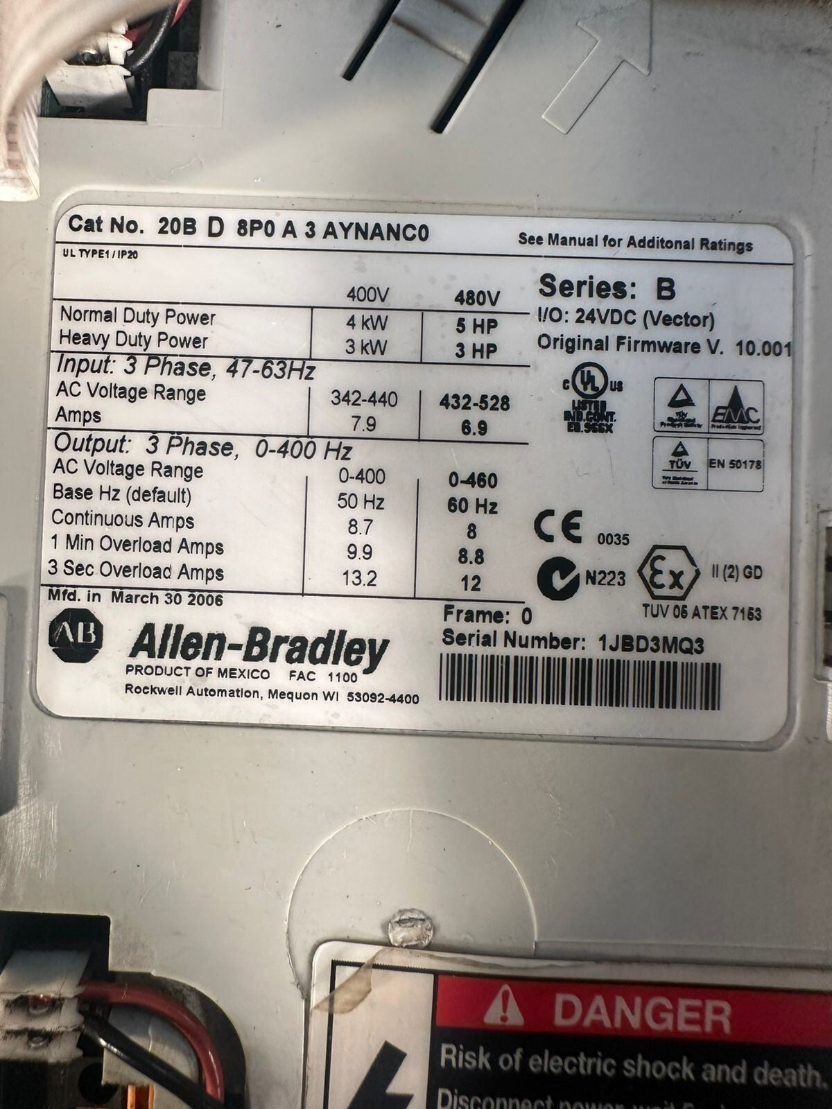 Allen Bradley 20BD8P0A3AYNANC0 /B PowerFlex 700 5HP/3HP AC Drive (8.3.5)