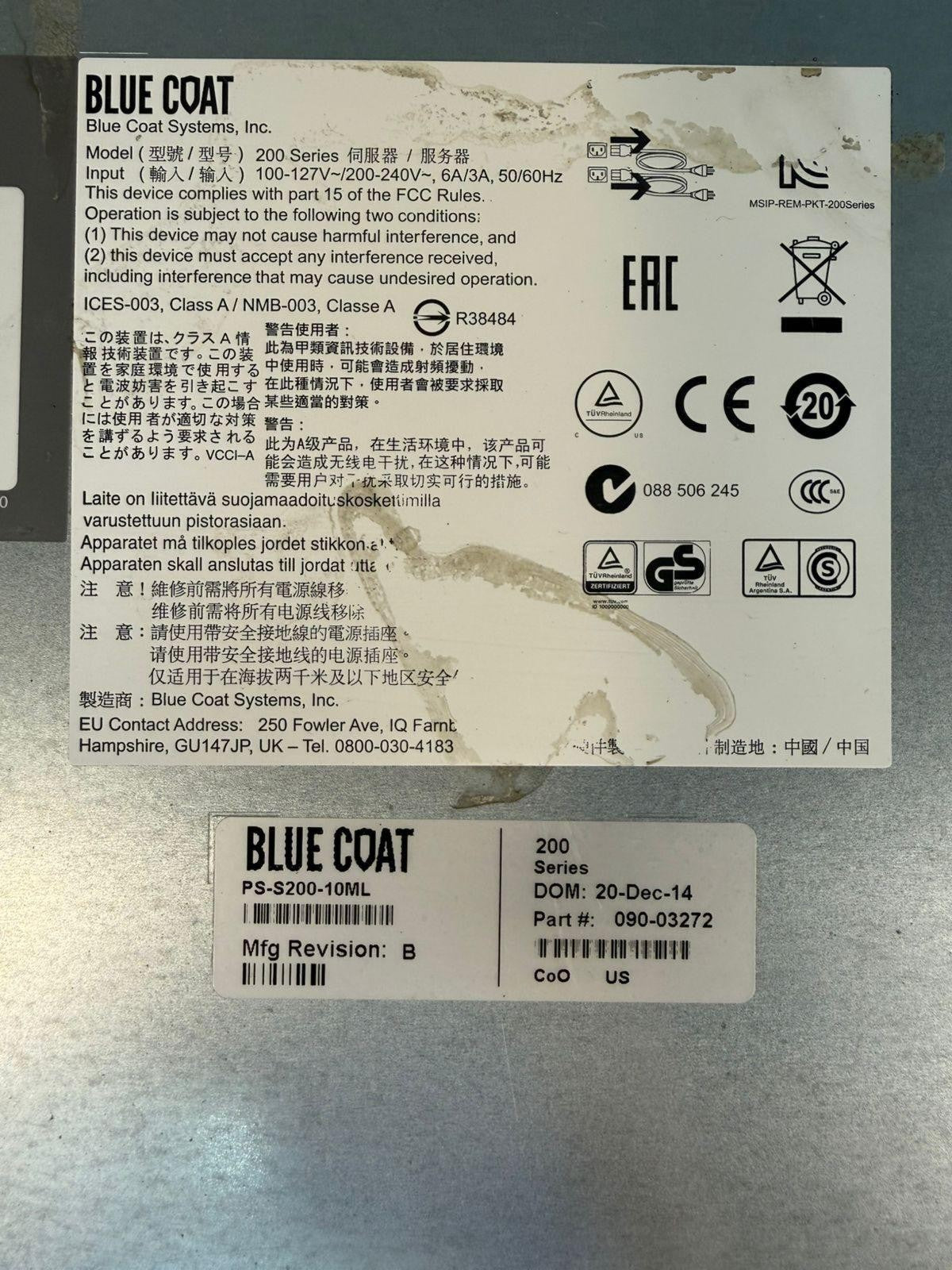 Blue Coat PS-S200-10ML 200 Series 100-127V~200-240V 6A/3A 50/60Hz (8.2.7)